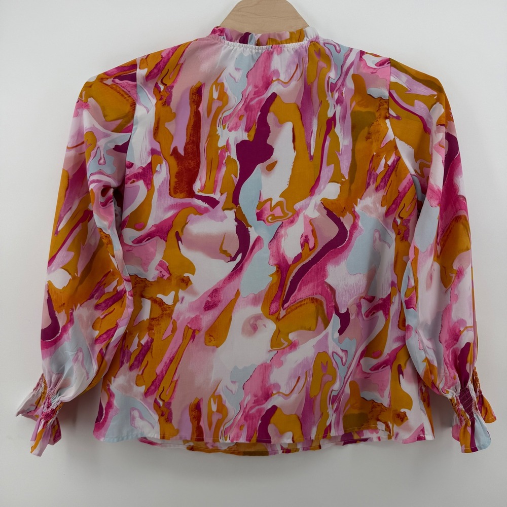Mascomoda Womens Pink Orange Abstract V-Neck Smocked Cuff Blouse Large - Picture 3 of 9